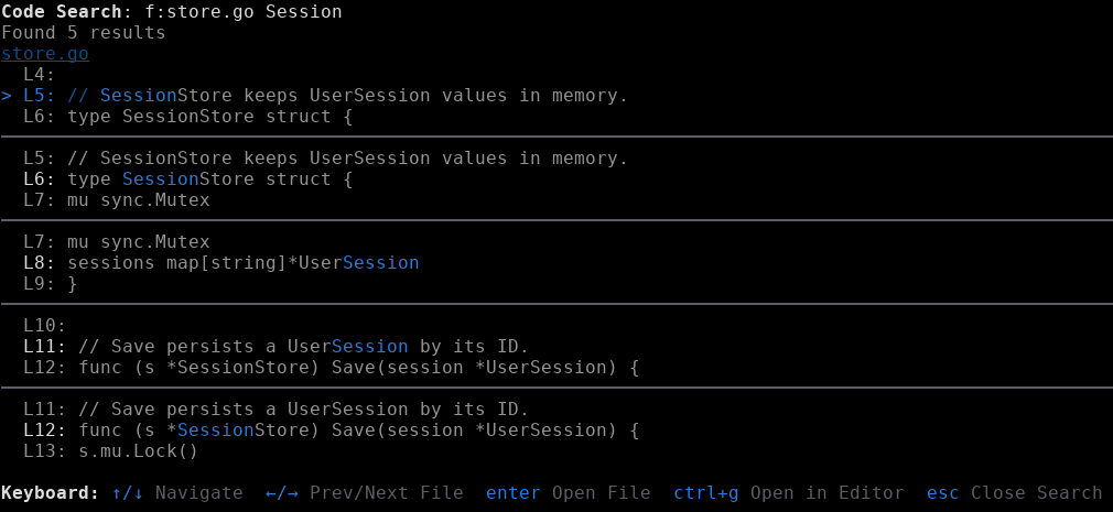 The Code Search panel scoped to a single file using an f: path filter