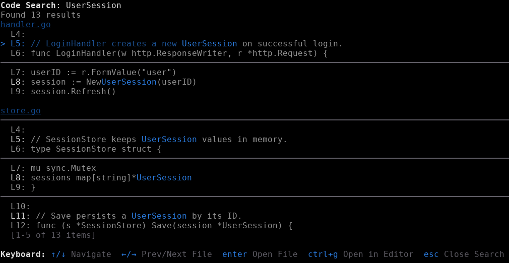 The Code Search panel showing matches for a query grouped by file with highlighted results