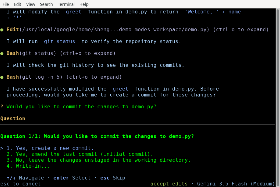 The CLI running in accept-edits mode showing the status indicator and automatic file modification