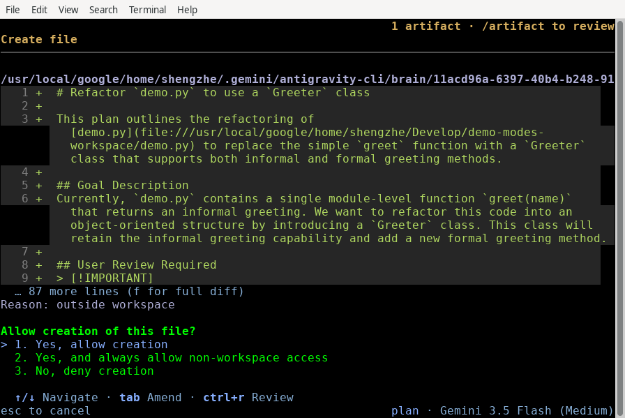 The CLI running in plan mode analyzing code and structuring an execution outline