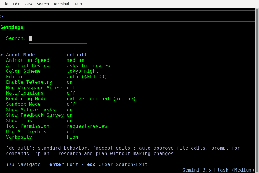 The interactive settings panel with the Agent Mode option highlighted