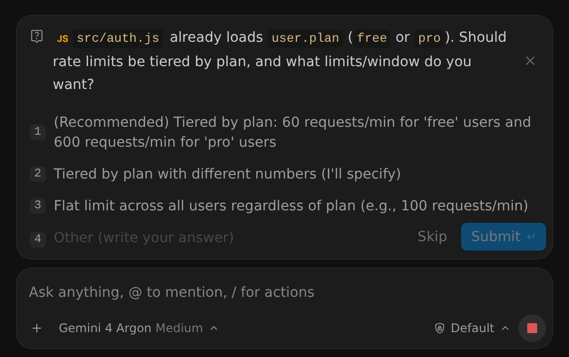 A /grill-me question in the Antigravity App, shown in a card above the message box, asking whether rate limits should be tiered by plan and what limits to use, with the recommended answer first, an Other field with Skip and Submit buttons, and a close button at the top right