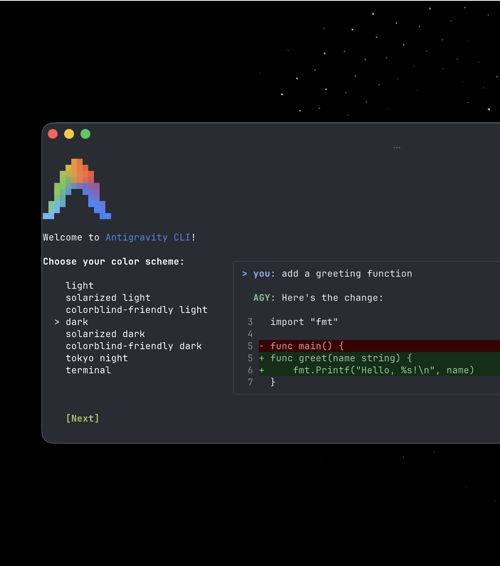 The lightweight, fast, terminal-first surface to work with Antigravity agents. Run autonomous coding agents, execute shell commands directly, and manage background subagents all from your keyboard.